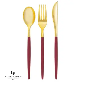 Red Cranberry and Gold Plastic Cutlery Set - Image 1
