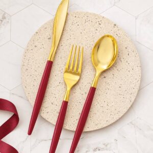 Red Cranberry and Gold Plastic Cutlery Set - Image 2