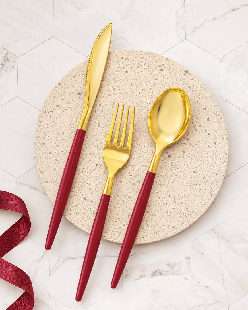 Red Cranberry and Gold Plastic Cutlery Set