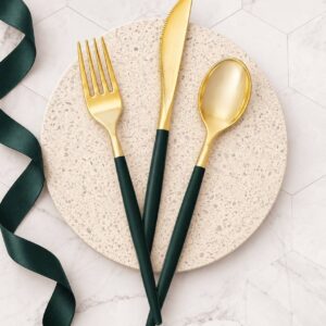 Emerald and Gold Plastic Cutlery Set - Image 2