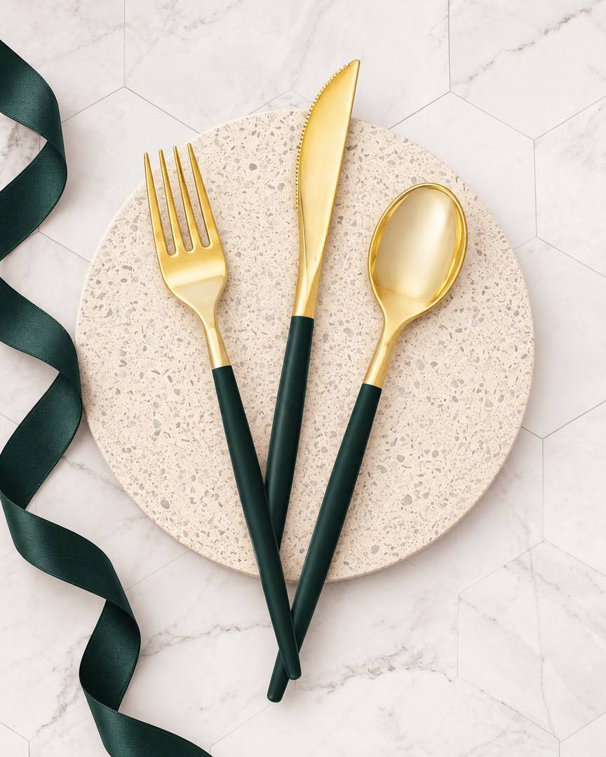 Emerald and Gold Plastic Cutlery Set