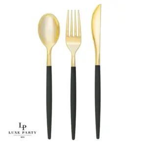 Emerald and Gold Plastic Cutlery Set - Image 1